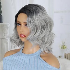 🎃🔥🎃Ombré black roots silver ends loose wave 14 inch long bob